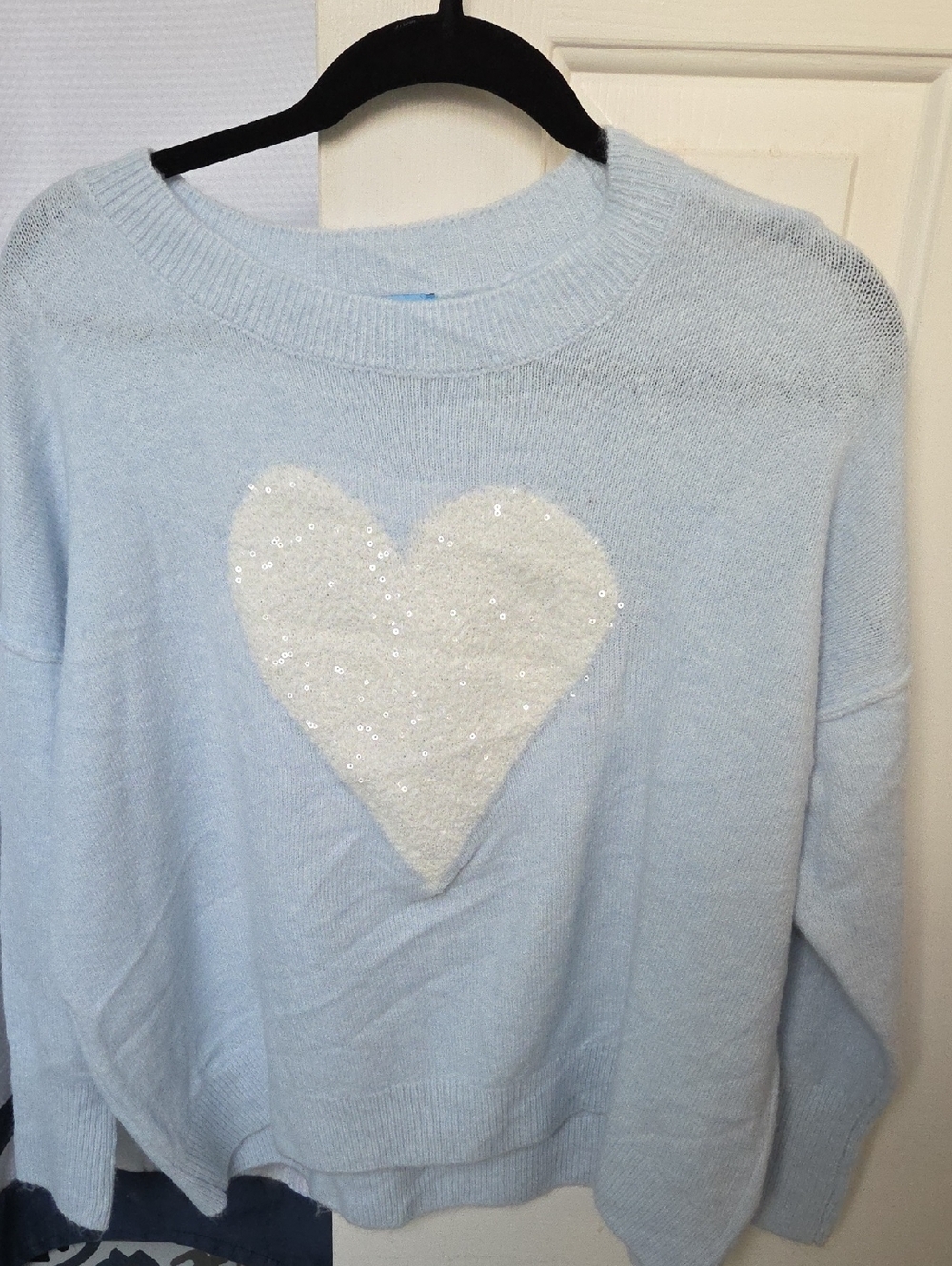CeCe Light Blue Heart Sweater with Bling- Women's Cozy Crewneck
